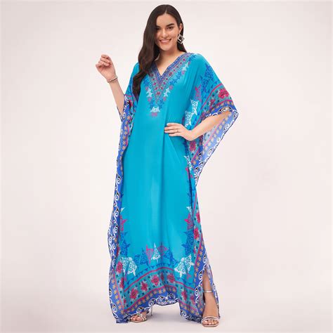 Blue Mexican Print Embellished Full Length Kaftan – First Resort by ...