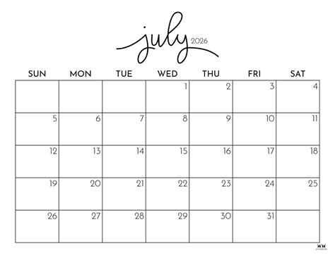 July 2026 Calendars - 150 FREE Printables | Printabulls