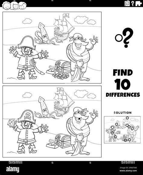 Differences game with cartoon pirates coloring page Stock Photo - Alamy