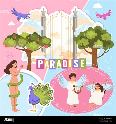 Paradise bible composition with collage of flat images with heaven gates apple of discord and ...