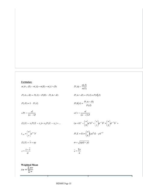 MDM4U Exam Formula Sheet - Formulas: n(AUB)=n(A)+n(B)-n(ArB) P(1)=man P(AUB)=P(A)+P(B)-P(AOB ...