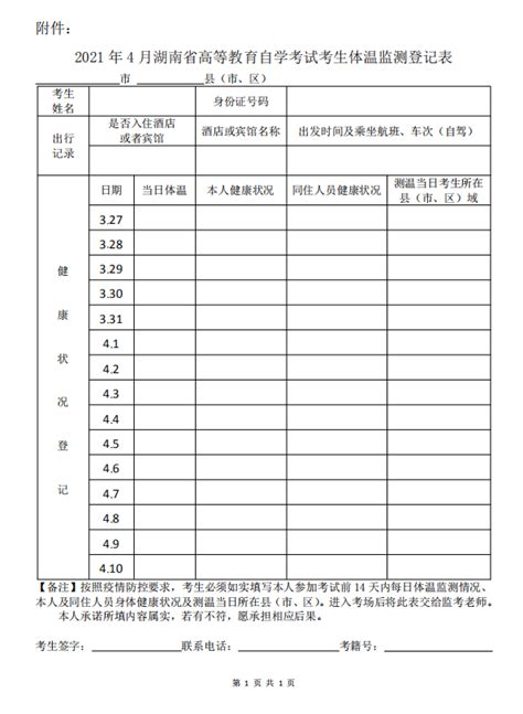 2021 年 4 月湖南省高等教育自学考试考生体温监测登记表-湖南自考网