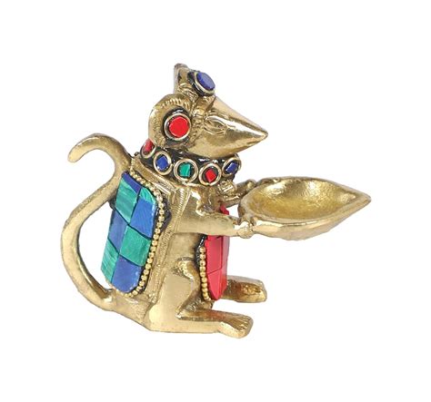 Brass Ganesha Mouse Holding Oil Lamp Diya Statue (Height 2.5 inches ...