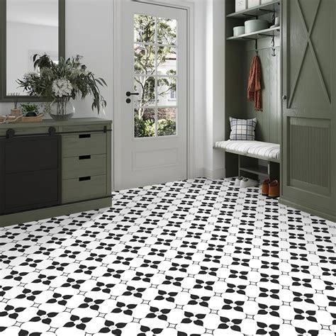 White and Black Flower Peel and Stick Vinyl Floor Tile Sticker – Commomy