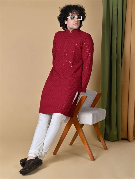 Maahi Fabs Men Chikankari Cotton Maroon Kurta with Pajama