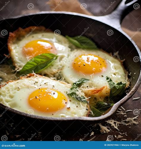 Fried Eggs with Spinach Greens in a Pan, Protein Food, Low Calorie ...