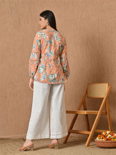 Alma Regular Fit Printed Cambric Tunic Top (Melon Orange) – Kelin