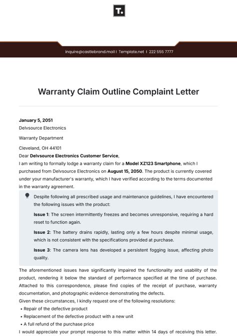 Free Warranty Claim Outline Complaint Letter Template to Edit Online