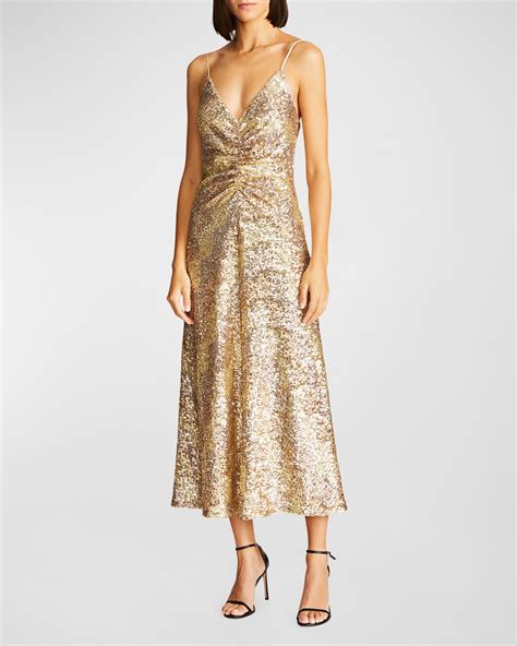 Halston Kenda Sleeveless Sequin Net Crepe Midi Dress | Neiman Marcus