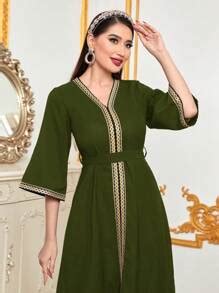 Al Najma Women's Elegant Arabic Style Splicing Ribbon V-Neck Flared ...