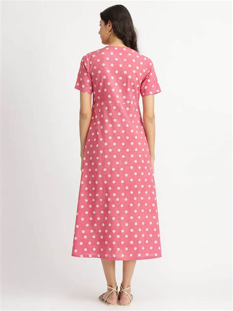 Buy Pink Cotton Dabu Polka Fit & Flare Dress Online | Pink Fort