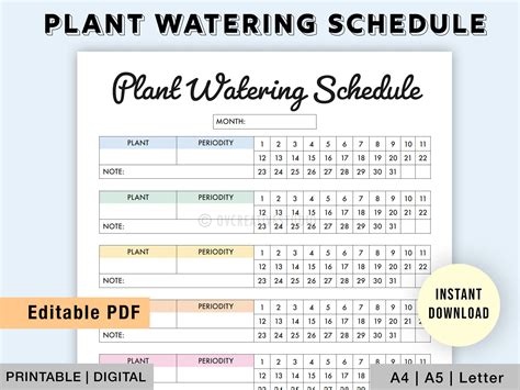 Printable Plant Watering Schedule
