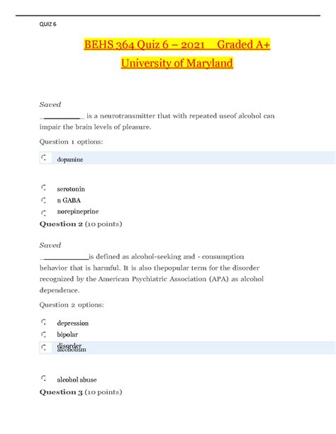 SOLUTION: Behs 364 quiz 6 graded a - Studypool