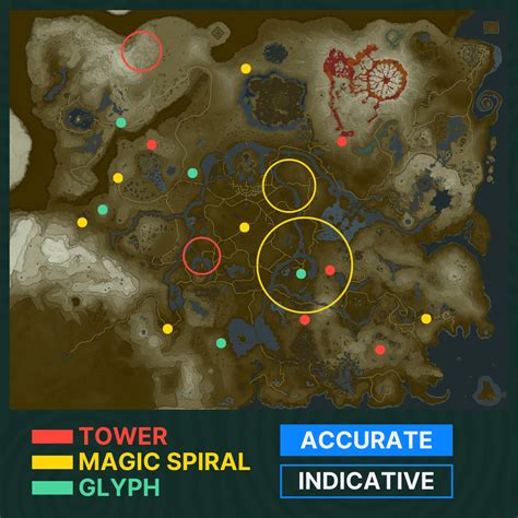 TOTK screenshots in BOTW comparasion and a map of all towers, green energy spirals and glyphs ...