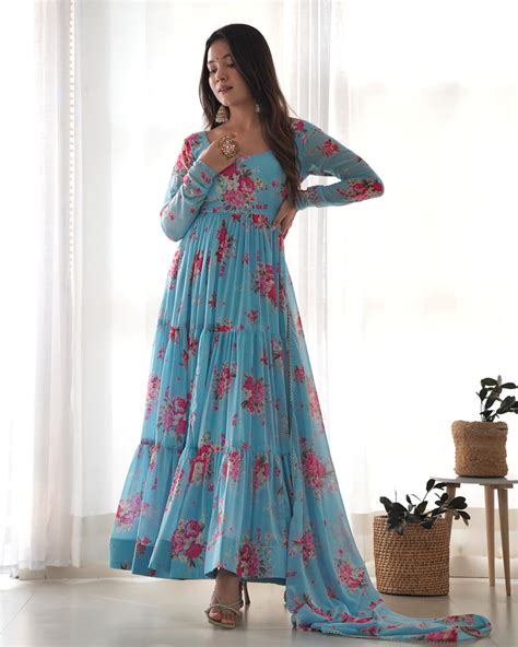 Sky Blue Designer Floral Print Anarkali Set with Dupatta &am