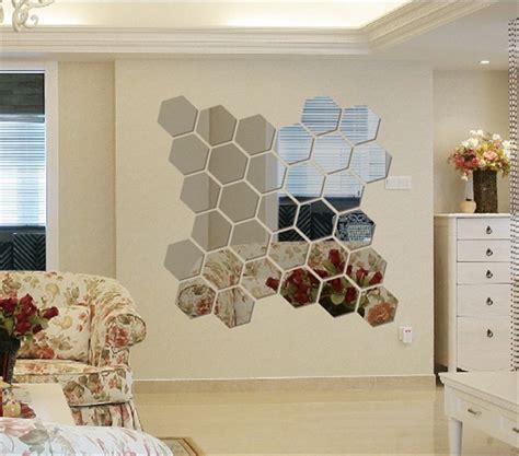 12 PCS Hexagonal 3D Modern Acrylic Mirror Wall Sticker Decal Art Mural Home Room Decor Removable ...