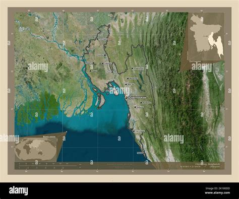 Chittagong, division of Bangladesh. High resolution satellite map. Locations and names of major ...
