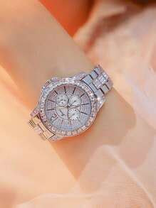 1pc Women's Rhinestone Embellished Roman Numeral Dial Simple Steel ...