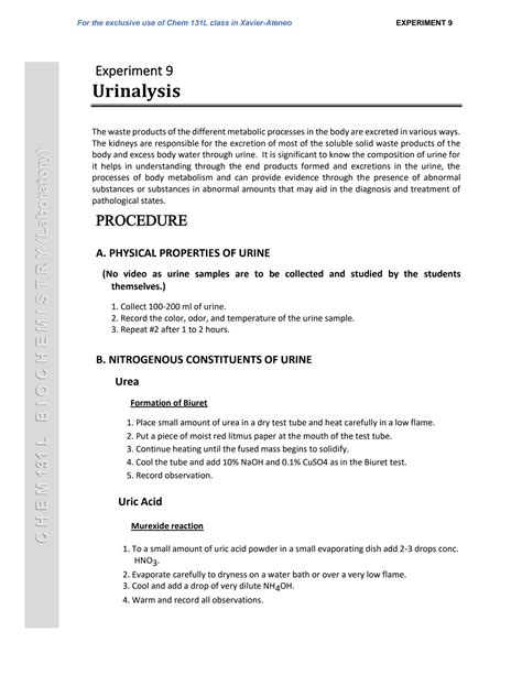 SOLUTION: Experiment 9 urinalysis 133 l - Studypool