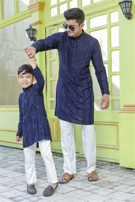 Father-Son Dark Blue Schiffli Kurta Pajama Combo Set –Twinning Ethnic ...