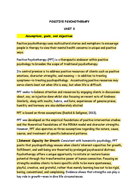 Positive psychotherapy unit 3 - POSITIVE PSYCHOTHERAPY UNIT 3 ...