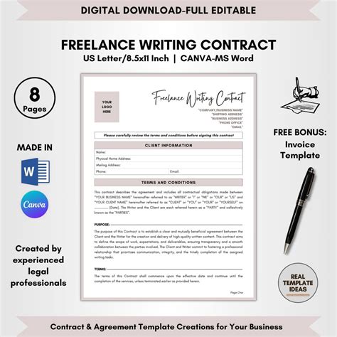 Freelance Writing Contract Template, 8 Pages DIY Editable, Freelance ...