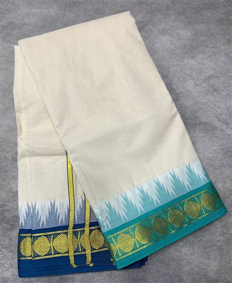 10x6 Korvai Cotton Dhoti Half White Colour with Green and Blue Border ...