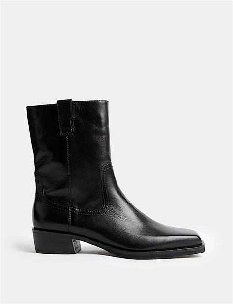 Buy Leather Block Heel Chisel Toe Ankle Boots at Marks & Spencer