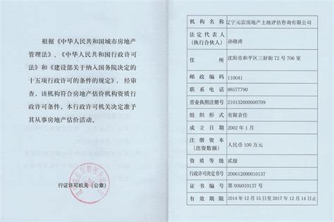 企业资质 - 辽宁元宗房地产土地评估咨询有限公司