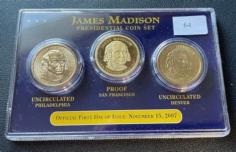At Auction: James Madison Presidential Dollar 3-coin Set (PD BU, Proof)