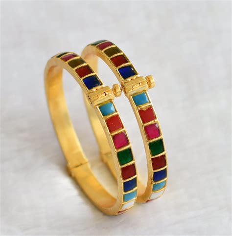 Gold tone navarathna screw type kundan jadau bangles(2.4) dj-46282 ...