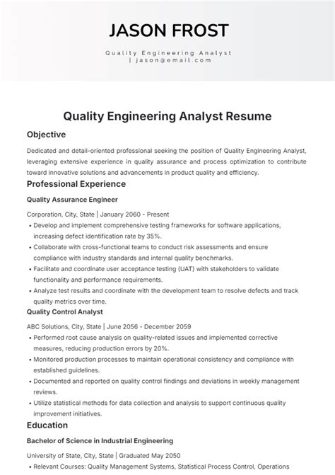 Free Quality Engineering Analyst Resume Template to Edit Online