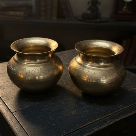 1985 Antique Brass Engraved Kalash Pair | Brass Kalash Set – Bombay ...