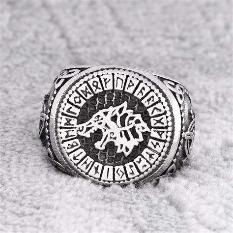 Buy GUNGNEER Stainless Steel Runic Fenrir Wolf Ring Odin Norse Rune ...