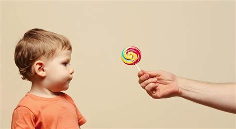 A mans hand holds out a lollipop to a little boy on a light colored ...