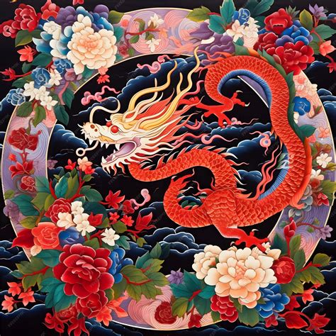 Chinese Dragon Artwork with Flowers and Clouds | Premium AI-generated image