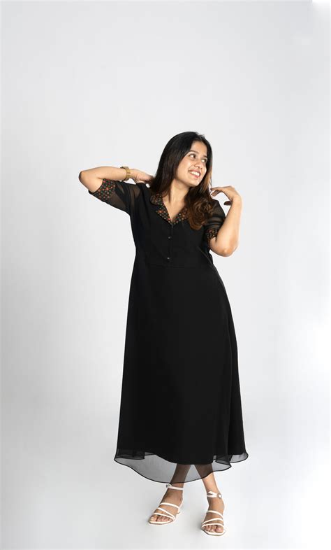 Black georgette Aline kurti with multi colour thread worked collar nec ...