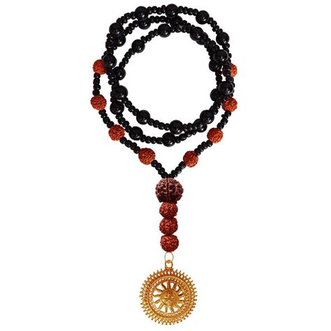 RICH AND FAMOUS Five Mukhi Rudraksha, Surya Om Pendant with Black Glass ...