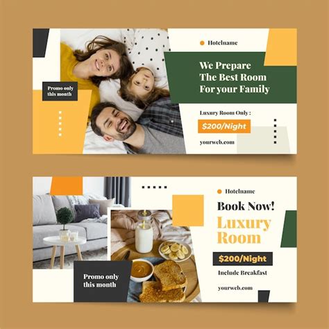 Platte design hotel banner met foto | Gratis Vector