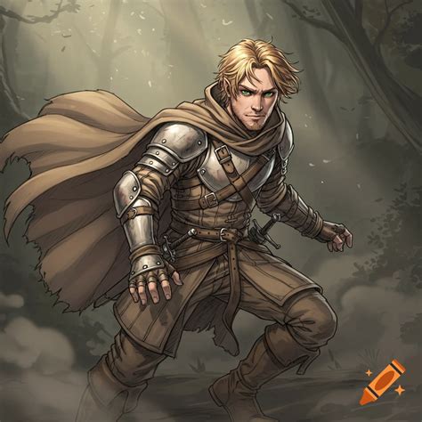 A blonde-haired male D&D rogue with green eyes and stubble, wearing ...