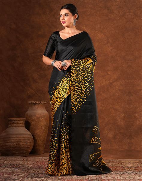 Black Cotton Blend Printed Saree – Sudathi