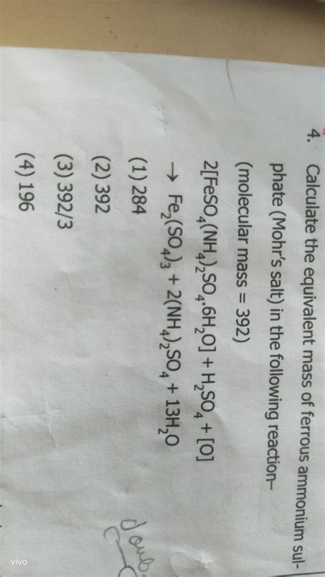 Calculate the equivalent mass of ferrous ammonium sulphate (Mohr's salt)