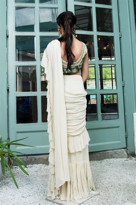 Cream Frill Saree With Green Printed Blouse – Chhavvi Aggarwal