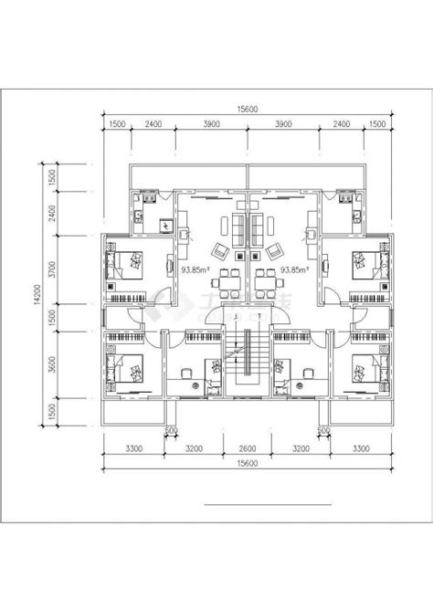 四张1梯2户型住宅楼的标准层平面设计CAD图纸（三室两厅/87-93平米）_住宅小区_土木在线