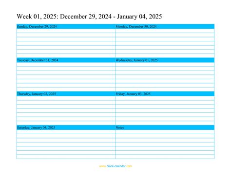 2025 Weekly Calendar Template Excel