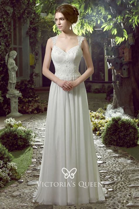 Queen Anne Neck Chiffon Skirt Beach Wedding Dress - VQ