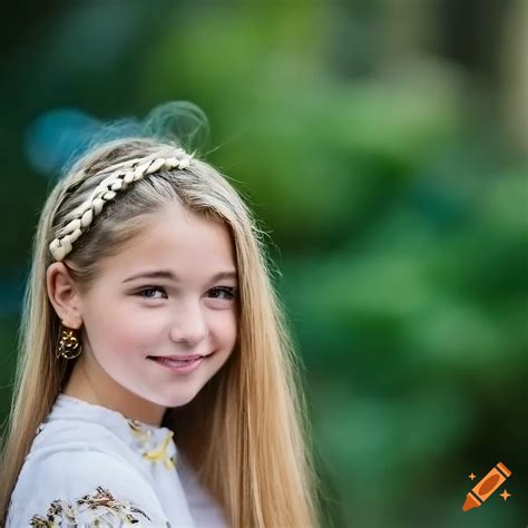 Portrait of a smiling tween girl with braided blond hair on Craiyon