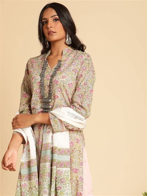 Pink Rose Jaal Lace Organic Cotton Hand Block Printed Kurta - (3 Pcs S ...