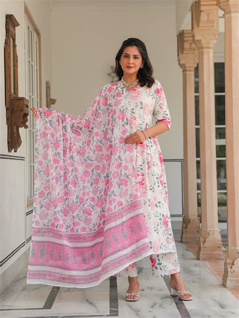 Buy White Floral A-line Lurex Cotton Kurta Set TP1018T | Aramya