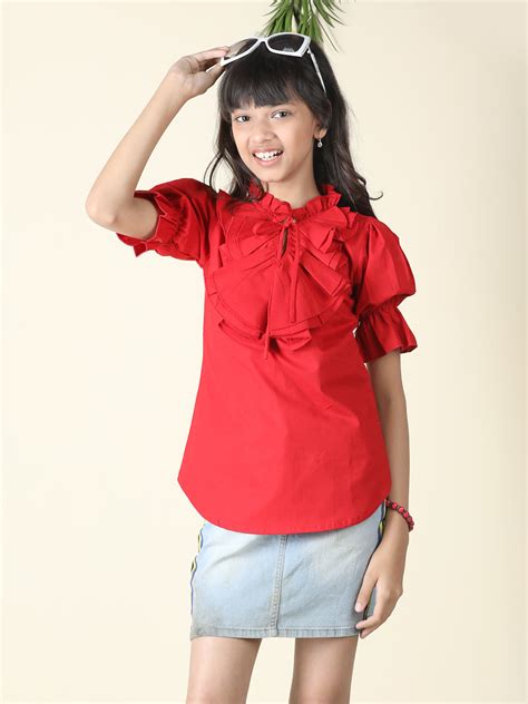 Cutiekins Girls Tie-Up Neck Solid Embellished Top -Red